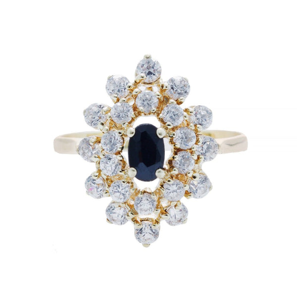 A Pretty Modern 18k Yellow Gold Sapphire and Diamond Snowflake Halo Ring 