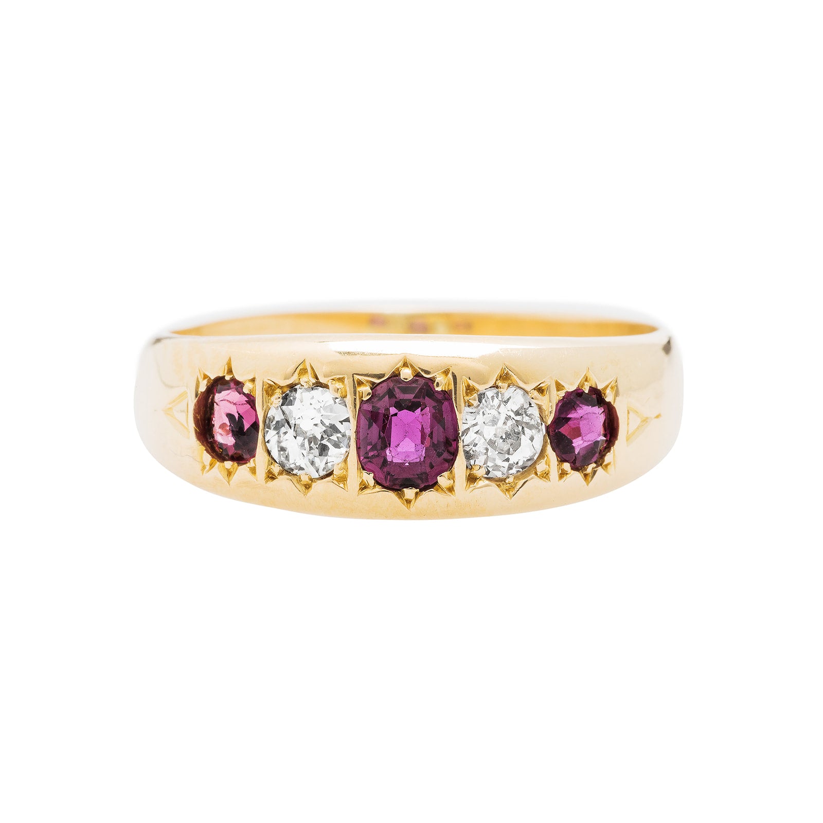 A Authentic Victorian Yellow Gold, Ruby and Diamond Gypsy Ring
