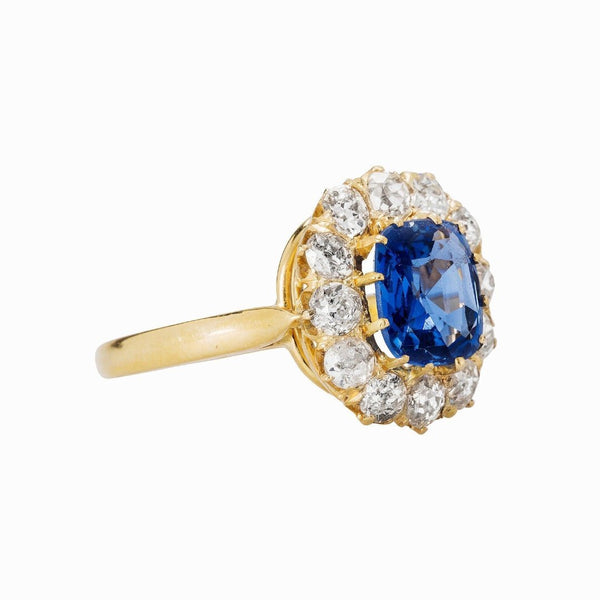 Authentic Victorian Era 18k yellow gold Ceylon Sapphire with diamond halo engagement ring