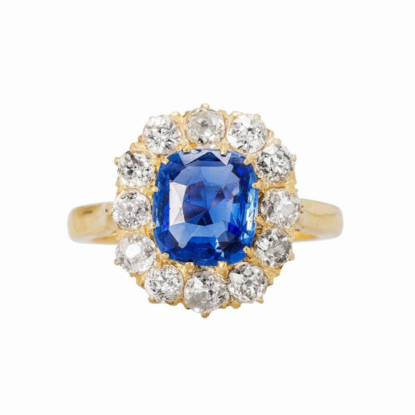 Authentic Victorian Era 18k yellow gold Ceylon Sapphire with diamond halo engagement ring