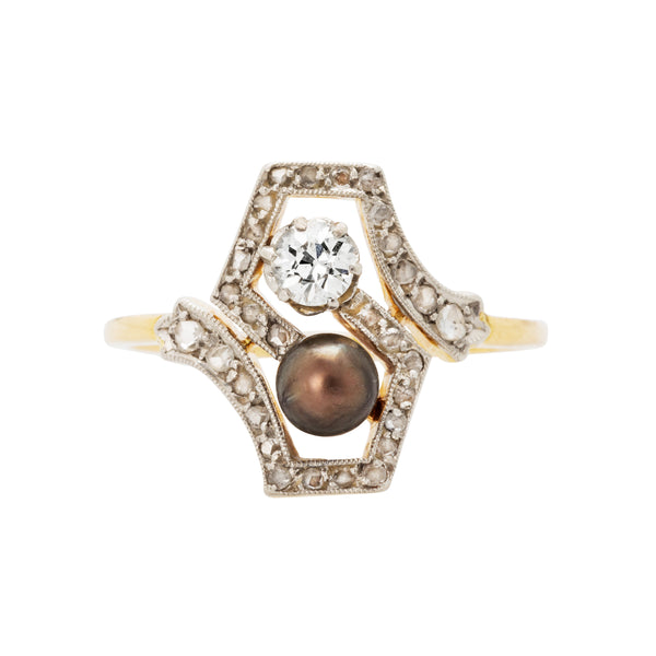 Authentic Art Nouveau 18k yellow gold diamond and black pearl ring