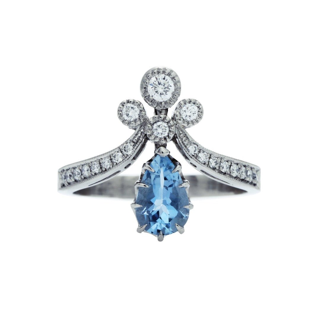 A Handcrafted Platinum, Aquamarine and Diamond Engagement Ring