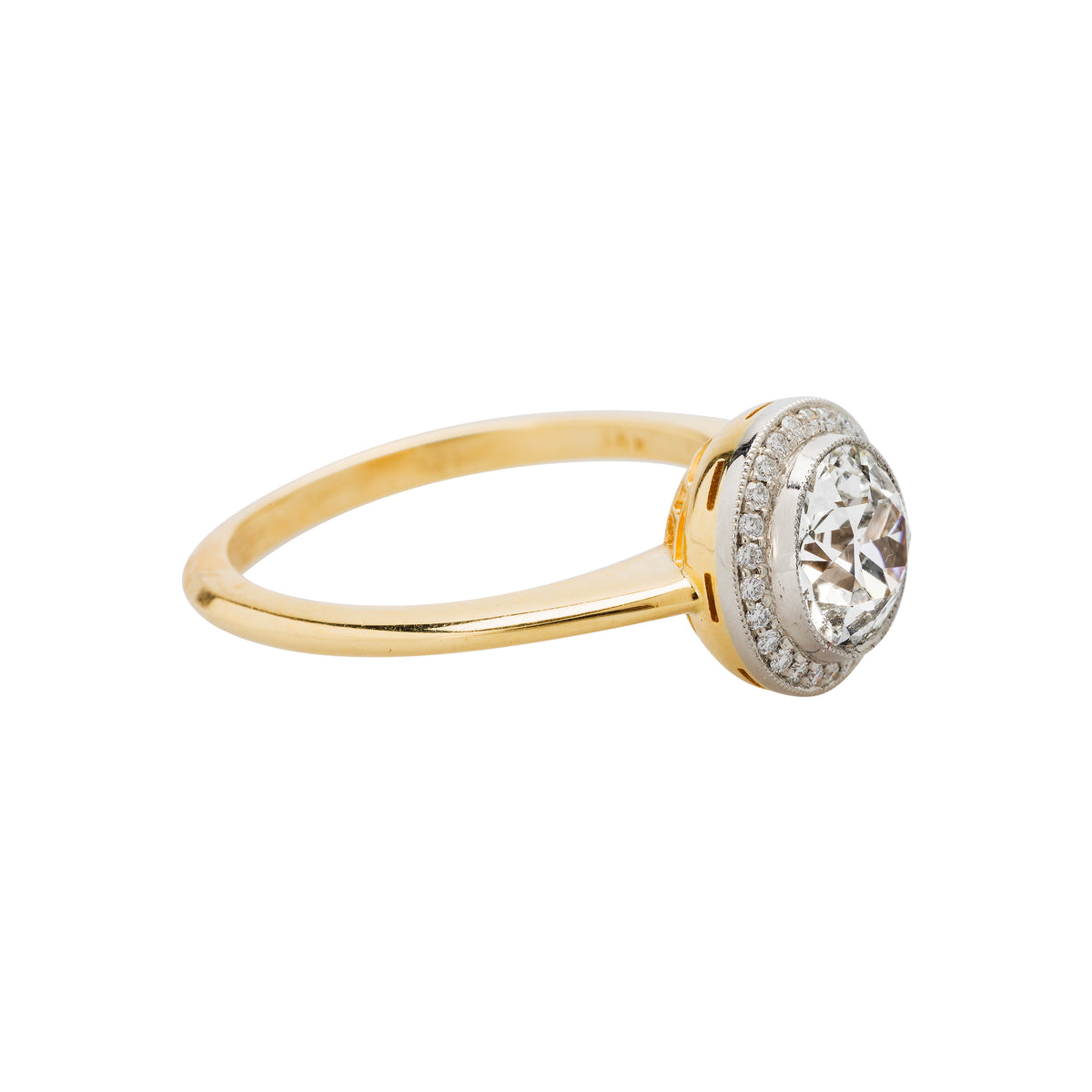 Willow Glen handmade diamond halo engagement ring made in platinum and 18k yellow gold by Trumpet & Horn