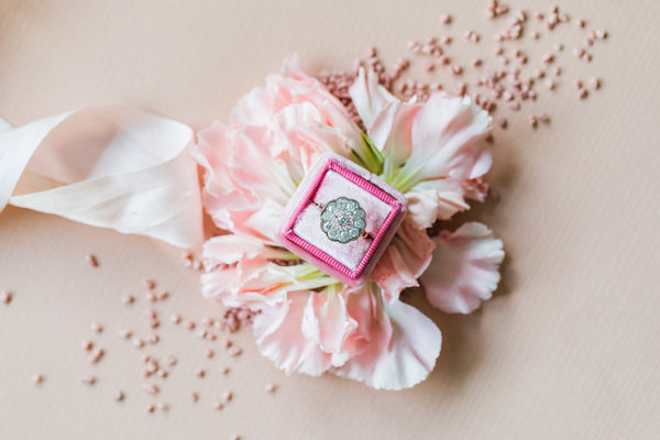 Bellentine | Authentic Edwardian era 18k yellow gold and platinum diamond vintage antique engagement ring by Trumpet & Horn Pink floral display social image