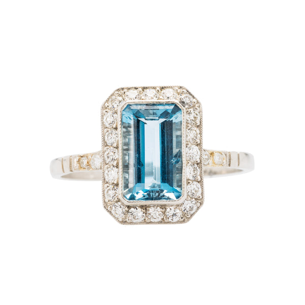 Authentic Art Deco era Aquamarine platinum halo ring.