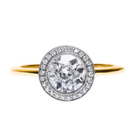 Willow Glen handmade diamond halo engagement ring made in platinum and 18k yellow gold by Trumpet & Horn