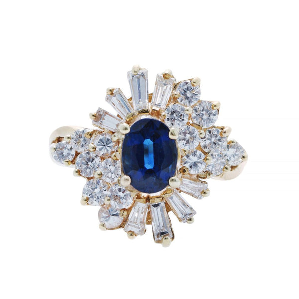 A Dramatic 14k Yellow Gold, Sapphire and Diamond Ballerina ring from the 1980's