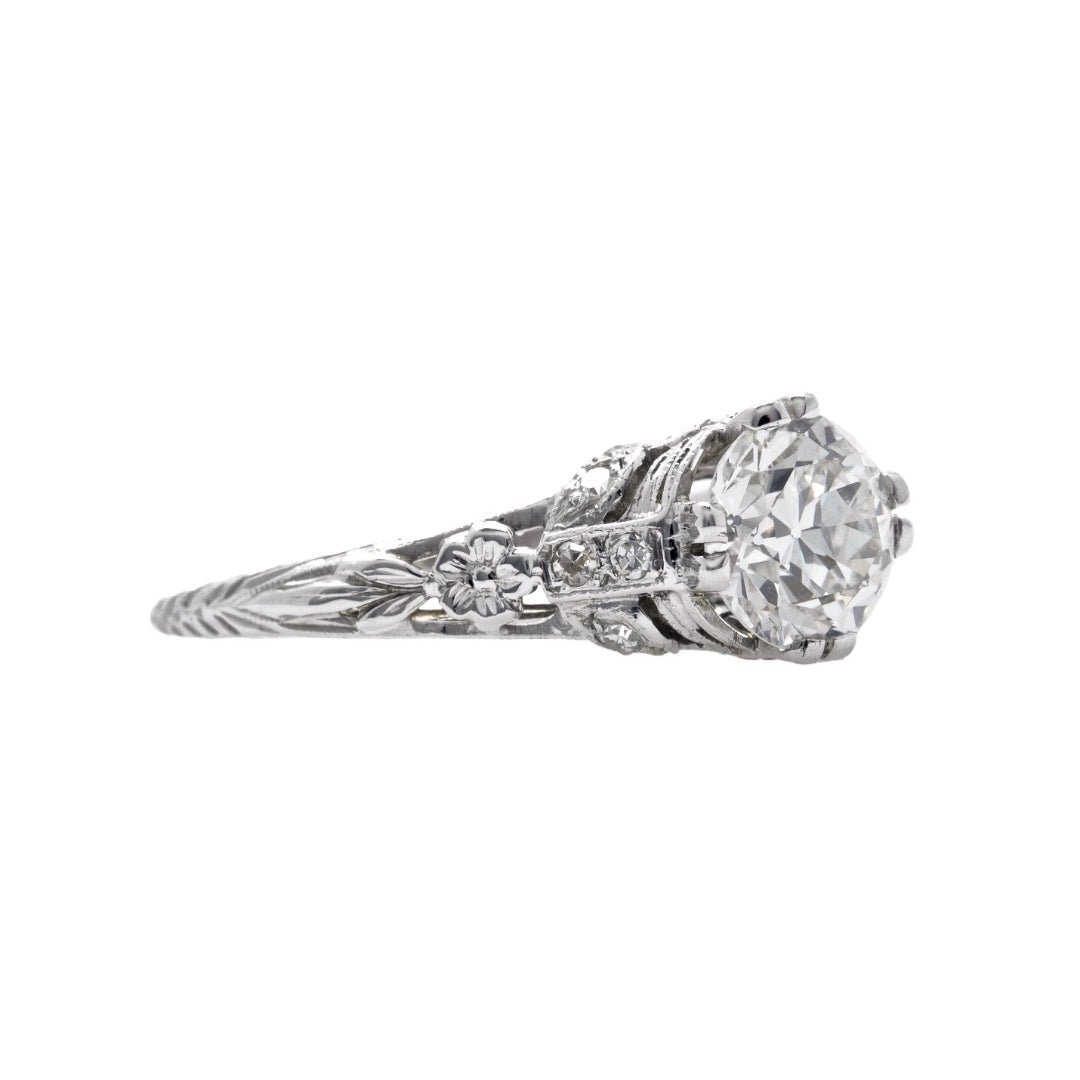 Yorkshire Coast | Sensational Edwardian era platinum and diamond antique engagement ring featuring a 1.19ct Transitional Brilliant Cut diamond