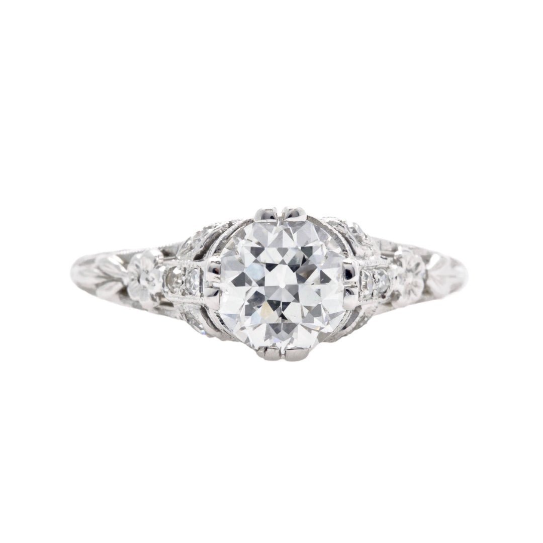 Yorkshire Coast | Sensational Edwardian era platinum and diamond antique engagement ring featuring a 1.19ct Transitional Brilliant Cut diamond