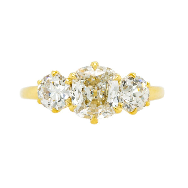 Reclaimed Old Mine Cushion 3-Stone Diamond & Gold Ring | Provincetown