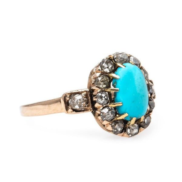 Striking Victorian Era Turquoise Engagement Ring with Old Mine Cut Diamond Halo | Abbot Kinney from Trumpet & Horn