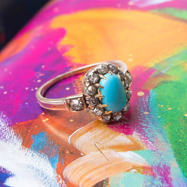 Striking Victorian Era Turquoise Engagement Ring with Old Mine Cut Diamond Halo | Abbot Kinney from Trumpet & Horn