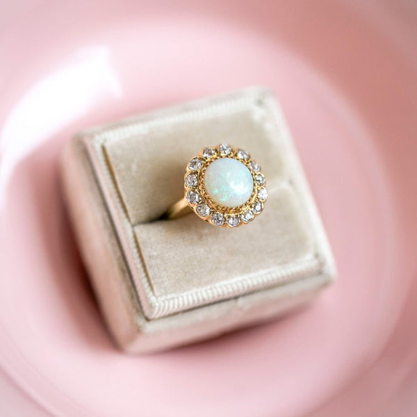 Sunny Retro Era 10mm Opal and Diamond Halo Engagement Ring | Albury