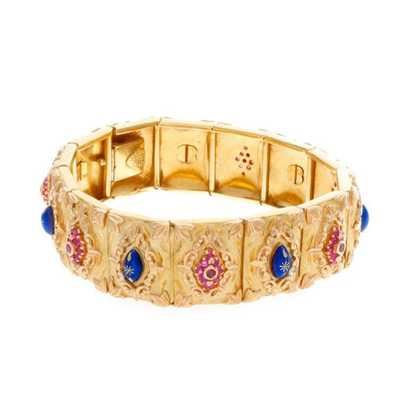 Victorian 18K Gold, Ruby & Blue Enamel Bracelet