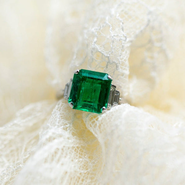 Fab Mid-Century Era 3.64ct Emerald & Diamond Engagement Ring with French Hallmarks | Ardennes