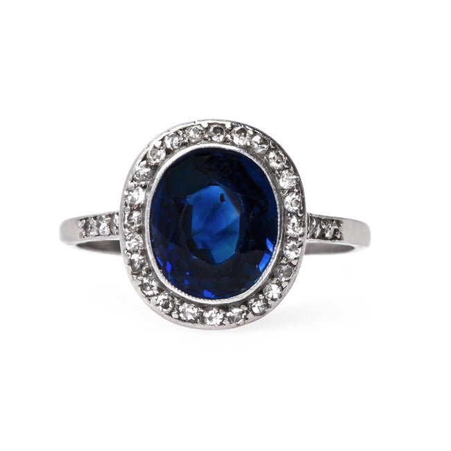 Edwardian Sapphire Engagement Ring with Diamond Halo | Ashbury Heights from Trumpet & Horn