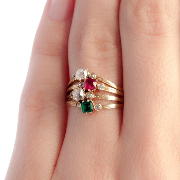 Ash Ridge antique Victorian diamond, emerald, and ruby ring from Trumpet & Horn