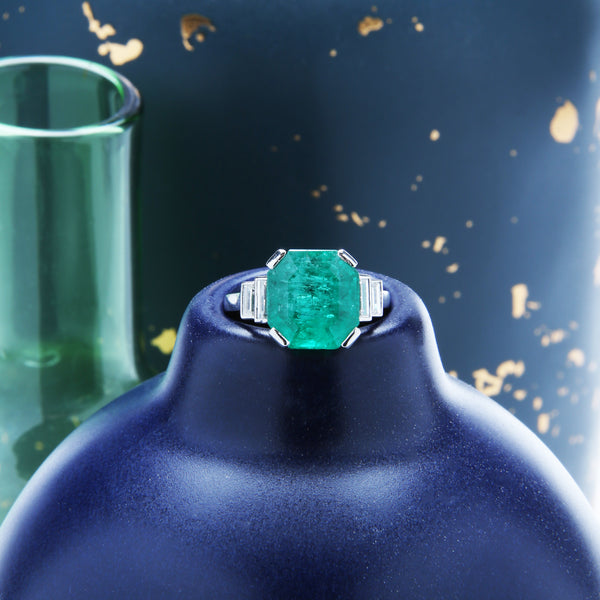 A Sophisticated Mid-Century Platinum, Emerald and Diamond Engagement Ring Signed Mauboussin Paris | Aspen Hills