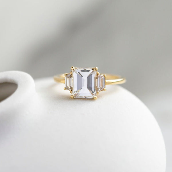 Yellow Gold 2.04ct Emerald Cut Three-Stone Diamond Ring | Auburn