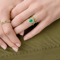 Emerald Braswell | Victorian Inspired Emerald Diamond Halo Vintage Engagement Ring