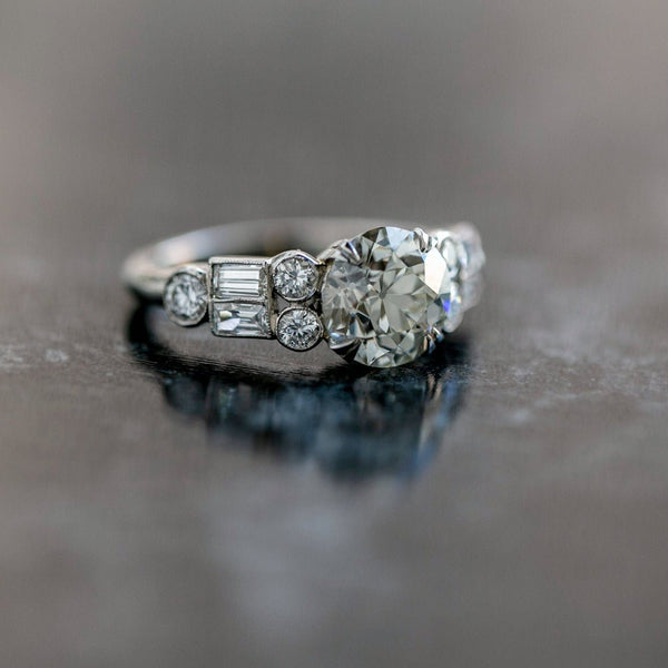 Fun & Flirty Art Deco Diamond Engagement Ring Masterpiece with 2ct Old European Cut and bezel set baguette accent diamonds | Banff