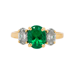 Stunning Modern Era Yellow Gold, Diamond and Emerald Three Stone Engagement Ring | Baytowne