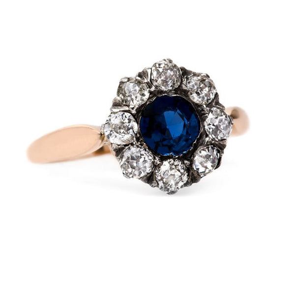 Victorian Sapphire and Old Mine Cut Diamond Halo | Bayville from Trumpet & Horn