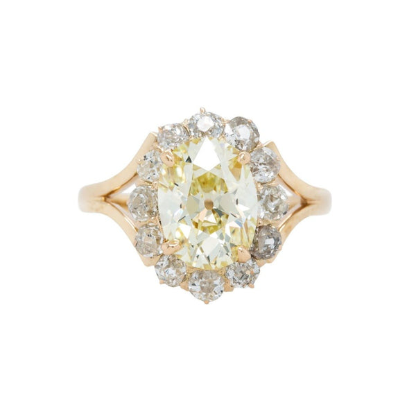 Victorian Era Antique Fancy Light Yellow Oval Diamond Halo Engagement Ring with 14k Yellow Gold Split Shank | Belle Terre