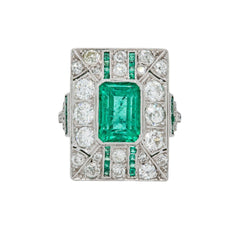 Unique Rectangular Emerald & Diamond Art Deco Ring Hand-Engraved Platinum Ring | Bethnal Green