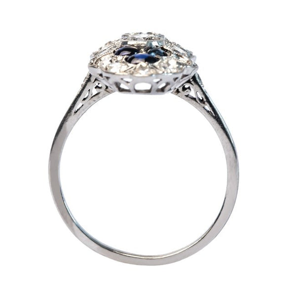 Classic Edwardian Era Platinum Navette Style Ring with Old European Cut Diamonds and Sapphires | Bloomingdale from Trumpet & Horn