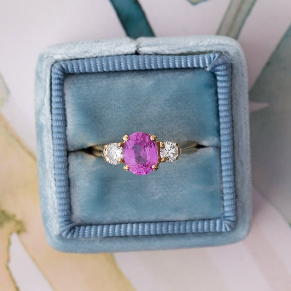 Lovely Pink Sapphire Three Stone Vintage Engagement Ring | Bolinas Bay from Trumpet & Horn Antique Engagement Ring