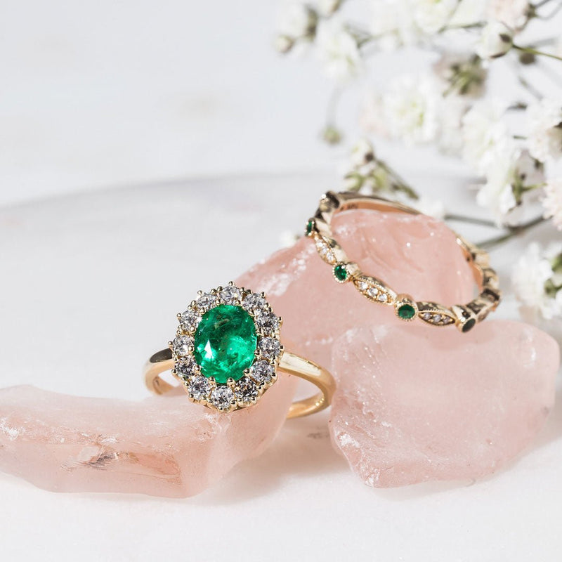 Emerald Braswell | Victorian Inspired Emerald Diamond Halo Vintage Engagement Ring