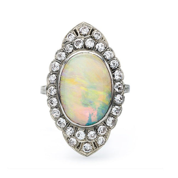 Late Art Deco Cocktail Ring with Large Oval Opal and Diamond Halo | Brookshire from Trumpet & Horn