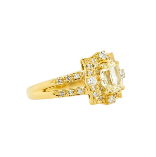 Shield-Shape Diamond Halo Golden Vintage-Inspired Diamond Engagement Ring with Symmetrical Split Shank | Braithwaite