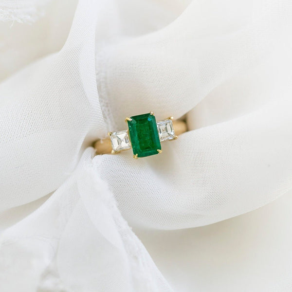 Emerald Cut Emerald Asscher Accent Stones Modern Three-Stone Diamond & Emerald Ring | Caladan
