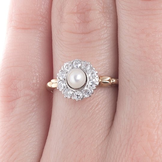 Fabulous Art Nouveau Ring with Pearl Center and Old Mine Cut Diamond | Calgary from Trumpet & Horn