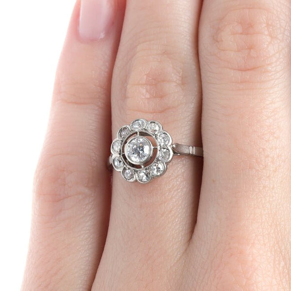 Delightful Edwardian Era Halo Engagement Ring with Scalloped Frame | Campbell from Trumpet & Horn