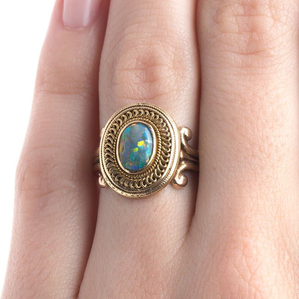 Victorian Era Black Cabochon Opal Cocktail Ring with Rope Motif | Cheyenne from Trumpet & Horn