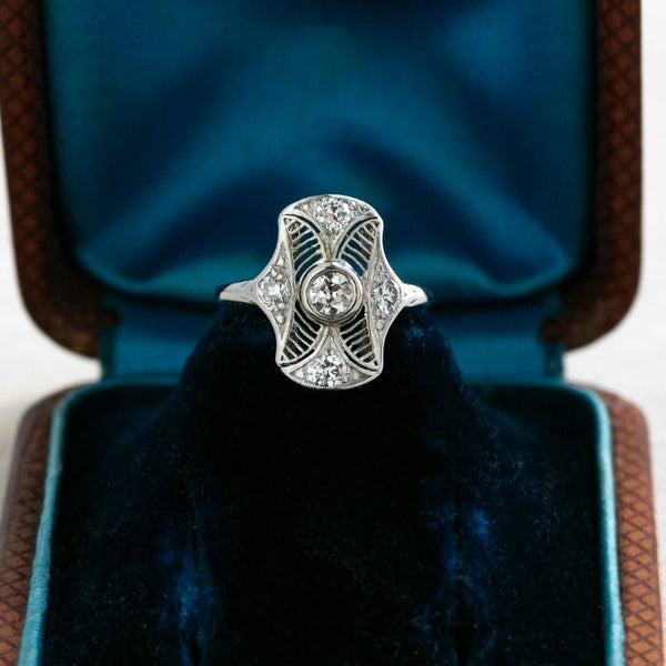 Antique Edwardian era Diamond Ring with Crescent Filigree | Chrysler