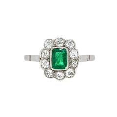 Lovely Antique Art Deco Emerald & Scalloped Diamond Halo | Clover Hill