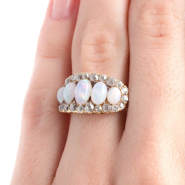 Whimsical Victorian Era Opal Ring with Old Mine Cut Diamond Halo | Coachella from Trumpet & Horn