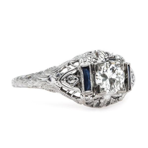 Spectacular Edwardian Era Platinum Engagement Ring with Sapphire Shoulders | Cosgrove from Trumpet & Horn