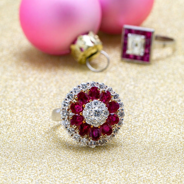 Spectacular Modern Triple Halo Diamond & Burmese Ruby Ring | Cranhaven