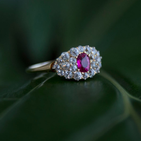 Crawford Creek : Authentic Victorian Era 18k yellow gold ruby and diamond cluster ring