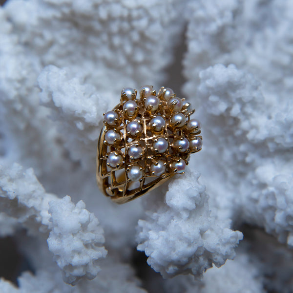 A Funky Mid-Century 18k Yellow Gold and Pearl Cocktail Ring | Crosshaven