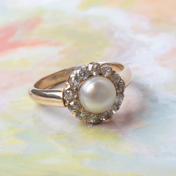 Victorian Era Yellow Gold Ring with Pearl Center and Diamond Halo | Darley from Trumpet & Horn