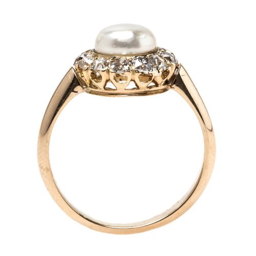 Victorian Era Yellow Gold Ring with Pearl Center and Diamond Halo | Darley from Trumpet & Horn