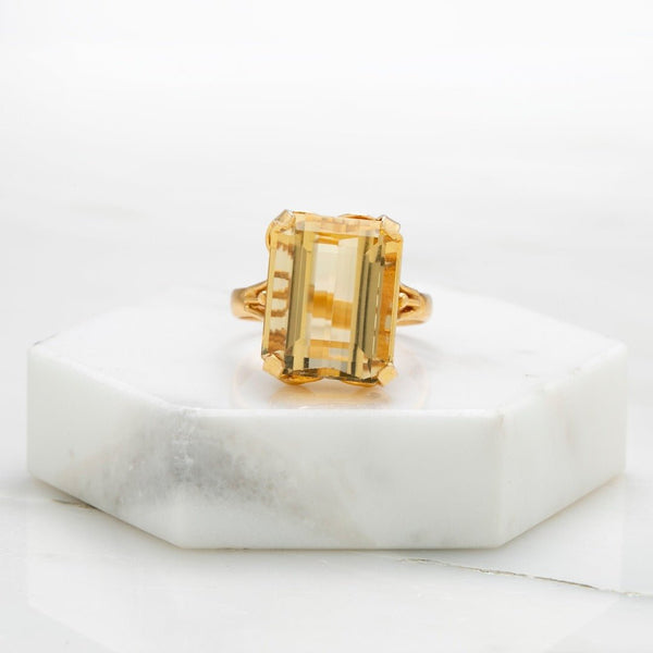 Magnificent Rose Gold Cocktail Ring featuring a BIG Citrine Emerald Cut Stone