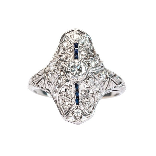 Holyoke Edwardian Navette Engagement Ring with Old European Cut Diamond and Sapphires | Trumpet & Horn