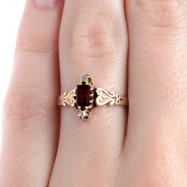 Sweet Victorian Era Rose Gold Ring with Garnet and Diamonds | Elkin from Trumpet & Horn